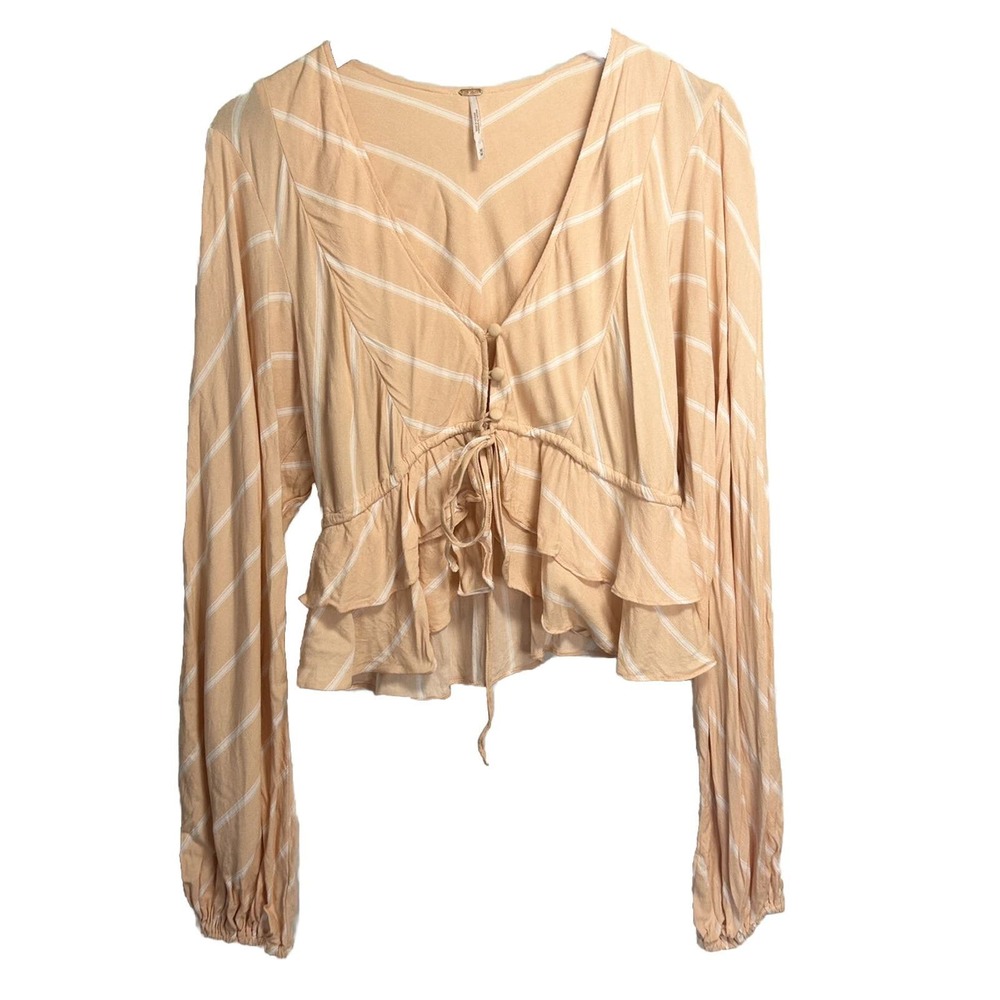 Free People Womens Layered Button Up V-neck Blouse Top Peach Striped Sz Medium
